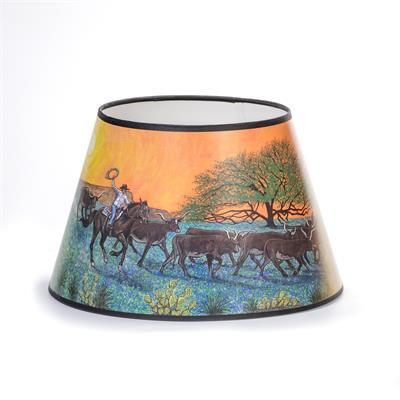 Aladdin Lamps 14" Parchment Shade "Ride Into the Sunset" #100021110 Western This new shade from Aladdin features a cowboy with Texas Longhorn cattle, mesquite trees, and cacti on a warm, sunset colored background. Fits most Aladdin Kerosene Mantle Lamps