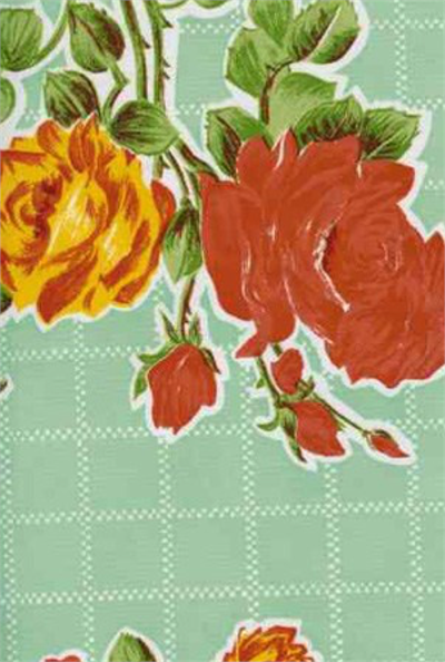 Rosegall on Aqua Green Oil Cloth, Full Bolt Oilcloth yardage with colorful long-stemmed roses on a simple grid background. An excellent choice for anything from small crafts to large tablecloths, these beautiful pastels prints are pretty as a picture.