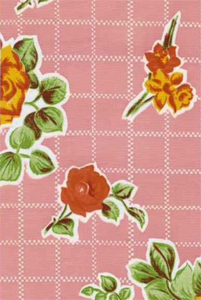 Rosegall on Pink Oil Cloth, Full Bolt Oilcloth yardage with colorful long-stemmed roses on a simple grid background. An excellent choice for anything from small crafts to large tablecloths, these beautiful pastels prints are pretty as a picture.