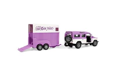 An enchanting vehicle powered by unicorn magic, the Unicorn Land Rover & Tag-A-Long Trailer features working front doors and rolling wheels.
