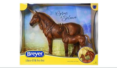 Breyer Horses Traditional Cyrus & Solana Unicorn Stalllion & Foal B-TR-1008 Proud stallion Cyrus and his plucky filly Solana are the newest unicorns to join the Traditional line!