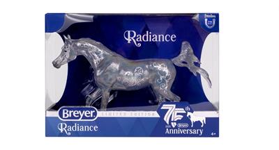 Breyer Horses Freedom Series 75th Anniversary Radiance #B-FS-10253 This striking clearware Arabian mare sparkles in an array of prismatic colors and is adorned with a glittering teardrop-shaped rhinestone, fully embodying the sparkle and majesty of the diamond.