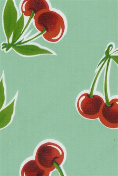 Stella Cherries on Aqua Green Oil Cloth, Yardage Oilcloth yardage with a classic design of eye-catching cherries. Equal parts country-chic and pin-up rockabilly. Great for your kitchen, on tables, in drawers, and under the sink.