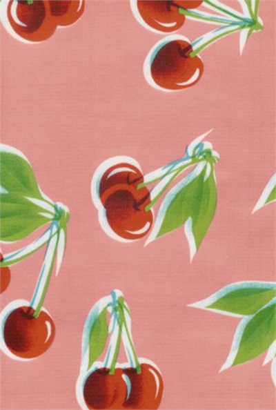 Stella Cherries Pink Oil Cloth, Full Bolt Oilcloth yardage with a classic design of eye-catching cherries. Equal parts country-chic and pin-up rockabilly. Great for your kitchen, on tables, in drawers, and under the sink.