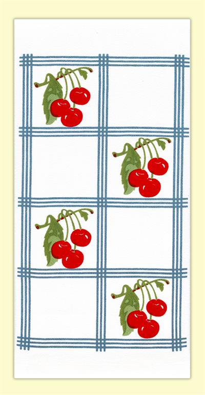 Red and White Kitchen Country Cherry Towel with Blue Tiles #VL74  Vintage-look, country-style flour sack towel with blue tile squares and clusters of bright red cherries. Measures 17" x 24". 100% Cotton flour sack towel.  Flour Sack towels were originally