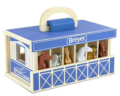 Breyer Horses Stablemates Breyer Farms Wood Carry Stable Set #59217 Play and go! This high quality wood stable comes complete with 6 Stablemates horses. Designed to be easy for small hands to carry, the wooden carry case makes the perfect take-along toy! Stablemates | 1:32 Scale | Ages 4+