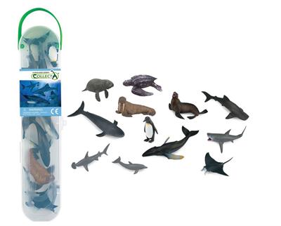 Models include Manatee, Leatherback Sea Turtle, Sea Lion, Whale Shark, Blue Whale, Emperor Penquin, Hammerhead Shark, Bottlenose Dolphin, Humpback Whale, Manta Ray, Great White Shark, and Walrus. Case measures 10.6"L x 1.7"H. Ages 3 and up. 