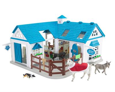 Breyer Horses Stablemates Size Deluxe Animal Hospital #59214 Play set features 6 animals, including a Stablemates Quarter Horse mare and foal, Sicilian donkey, Pygmy goat, Border Collie, and cat, plus a horse blanket, operating table, and bandage box. The Deluxe Animal Hospital is a Breyer fan favorite and now com