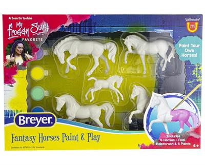 Breyer Horses Stablemates Fantasy Horse Paint & Play 5 Piece Set #4235 Enjoy one of Breyer's most popular activities at home! Stablemates Painting! Five horses, each base coated and ready to paint! Includes: 5 Stablemates horses, 6 fantasy color paint pots, and 1 paintbrush. A fun activity for the whole family!