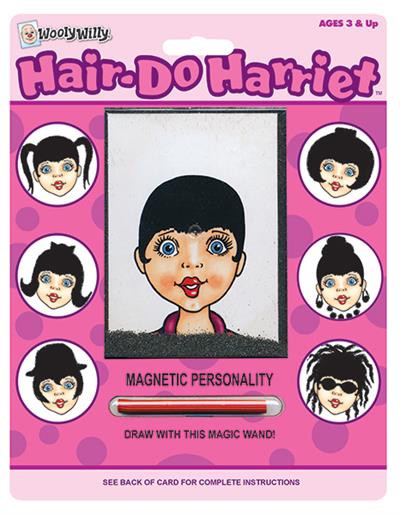 PlayMonsterHair-Do Harriet Drawing/Creativity/Doodle Toy #34 Use the magnetic wand to move iron powder into position to draw whiskers, sideburns, a mustache or different hairstyles on Wooly Willy® and his friends. Dozens of designs are possible. The 7″ x 8¾” self-contained package makes it easy to practice your art