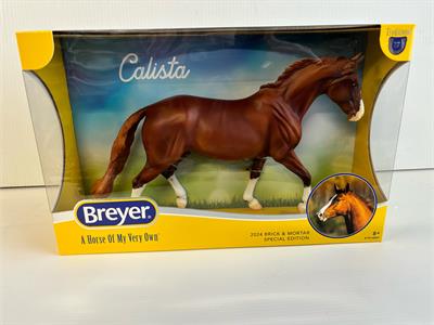 If a flashy realistic color is more to your tastes, then Calista will be a welcome addition! This beautiful warmblood mare sports a beautifully-shaded chestnut sabino coat with high stockings and a blaze. Warmbloods are prized in equestrian sports for the