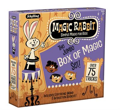 Schylling Toys The Magic Rabbit Jumbo Box of Magic Tricks #RMMS  The Jumbo Set of 75 Tricks includes wonderful classic illusions like the Mystical Cups and Pom-poms, the Magic Cup and Ball, Magic Coin Tricks, and many others. A great starter kit for young