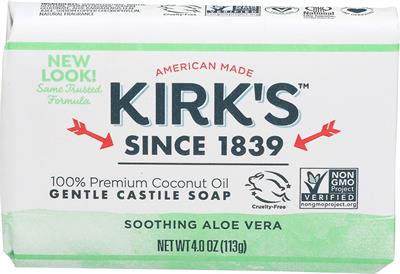 Kirk's Natural 100% Pure Coconut-Castile Soothing Aloe Vera Bar Soap 4 ounc All of Kirk’s products are Certified Gluten Free by the National Celiac Association. This assures that you are choosing a product which has undergone the most stringent third-party gluten-free certification available for product, processing and packaging.