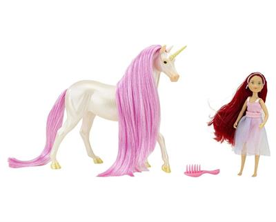 The Magical Unicorn Sky is a shimmery white creature with silky two-tone pink mane & tail; a true beauty. Accompanied by the fantasy rider, Meadow, a 5.75” articulated rider dressed in fantasy inspired outfit. 