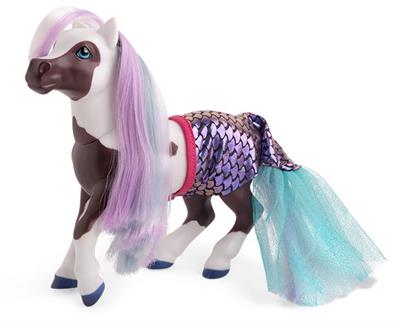 Bathtime color changing mermaid pony Marina changes color in the water. Merpony, pinto pony with removable shimmering mermaid tail with brushable mane and tail and accessories.