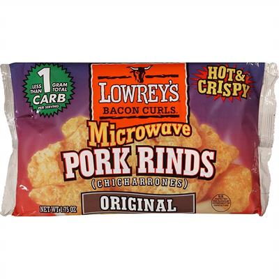 Lowrey's Original Bacon Curls (Microwavable Pork Rinds) Original Flavor, 3 Pack  The Lowrey's Original Bacon Curls make the perfect low-carb snack. Not only are the bacon curls delicious, they are high in protein, and contain 60-percent less fat than frie