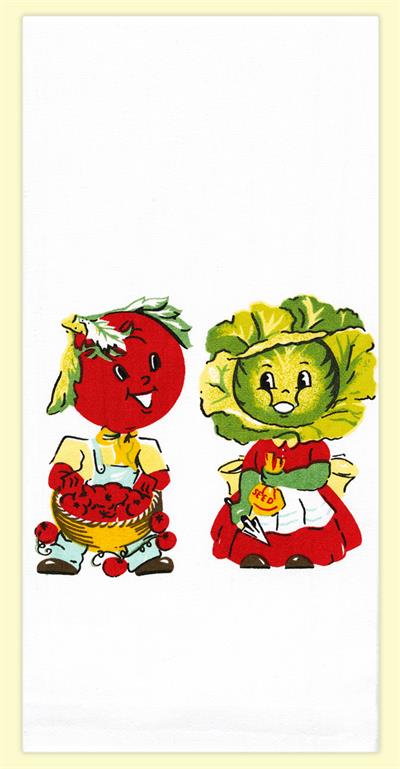 This design has been with our company from the start and still is one of our top sellers! Our Veggie couple is adorable and endurable. 100% Cotton Flour Sack kitchen towel