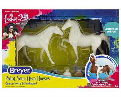 Breyer Horses Paint Your Own Horse - Quarter Horse & Saddlebred #4260 Paints, brushes, and a detailed "how-to" booklet can help you paint these two 6" model horses to look like your favorite horse. All that's needed is the touch of a young artist!