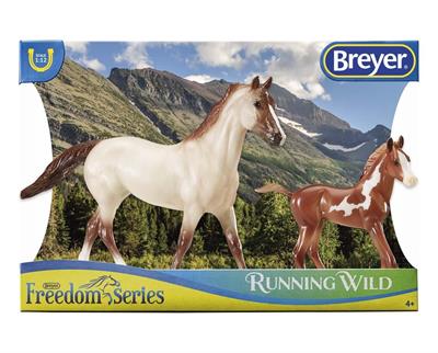 Breyer Horses Classic Size (Freedom Series) Running Wild Set #62204 Mustang reyer Horses Classic Size (Freedom Series) Running Wild Set #62204 American Mustang Mare and Foal Mustangs are feral horses that are found in the American west. They descended from horses brought to the Americas in the 16th century by Spanish explorers.