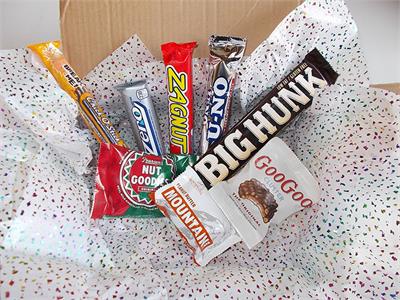 A Little Bit Nutty Candy Bar Sampler Pack  A tasty assortment of best selling, nostalgic candy bars.This assortment includes 1 each Big Hunk, Chick O Stick,GooGoo Cluster, Peanut Butter Mountain Bar, Pearson’s Nut Goodie, Oh Henry!,U-NO, Zagnut, Zero.