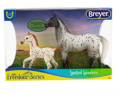 Breyer Horses Classics Size Spotted Wonders Mare & Foal Set #62207 Knubstru The Knabstrupper is a rare breed best known for their spotted coats, which come in many different patterns. The Knabstrupper has been used as cavalry mounts and for riding and driving. This horse and foal set is a great addition to the Breyer 2020 line!