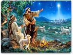 Three shepherds tend to their flock of sheep and lambs, while overhead the bright star of Bethlehem guides them. 
