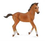 Prancing, trotting brown toy horse figurine. Baby, young quarter horse toy.