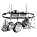 Arrange your cookware and utensils with the Black Enameled Steel Oval Hanging Pot Rack by Range Kleen. Easily access your hanging cookware and utensils! This attractive oval pot rack hangs from the ceiling with an upper shelf and repositionable hooks to s