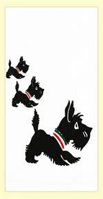 Three adorable Scottie Dogs decorate this 100% cotton flour sack towel. Towel measures 17
