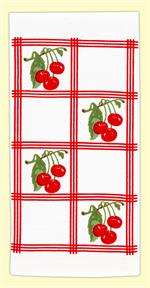  Vintage-look, country-style flour sack towel with red tile squares and clusters of bright red cherries. Measures 17