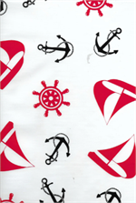 Oilcloth yardage with a whimsical nautical look. Perfect for driving down the coast or taking a trip to the shore. With sailboats, anchors, and steering wheels aplenty, you can rest assured that your items are tucked away safely for the trip. Bon voyage!