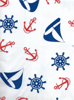 Oilcloth yardage with a whimsical nautical look. Perfect for driving down the coast or taking a trip to the shore. With sailboats, anchors, and steering wheels aplenty, you can rest assured that your items are tucked away safely for the trip. Bon voyage!