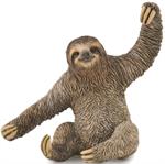 Sitting Brown Sloth Animal Figurine, smiling or happy face, with left arm raised above head